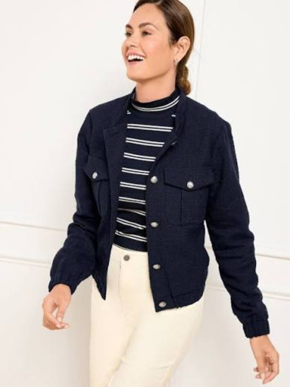 Talbots Navy Tweed Button Front Bomber Style Blazer Jacket Size XL